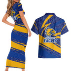 West Coast Eagles Australian Football Couples Matching Short Sleeve Bodycon Dress and Hawaiian Shirt Fierce Eagle Mascot With Indigenous Pattern Art