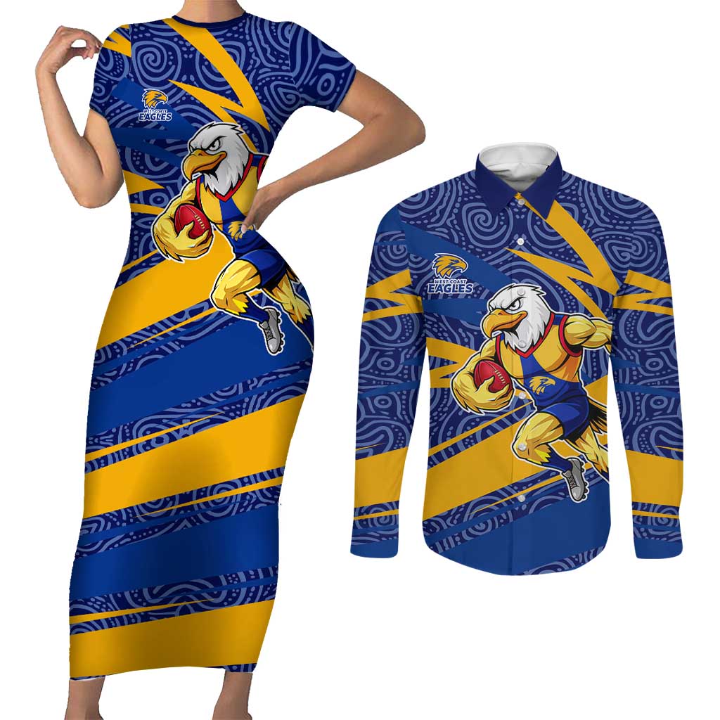 West Coast Eagles Australian Football Couples Matching Short Sleeve Bodycon Dress and Long Sleeve Button Shirt Fierce Eagle Mascot With Indigenous Pattern Art