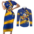West Coast Eagles Australian Football Couples Matching Short Sleeve Bodycon Dress and Long Sleeve Button Shirt Fierce Eagle Mascot With Indigenous Pattern Art