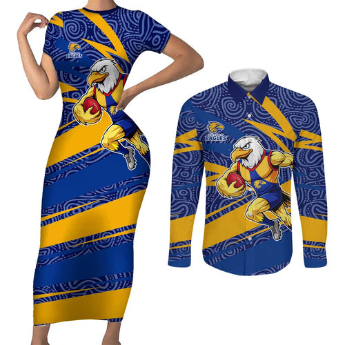 West Coast Eagles Australian Football Couples Matching Short Sleeve Bodycon Dress and Long Sleeve Button Shirt Fierce Eagle Mascot With Indigenous Pattern Art