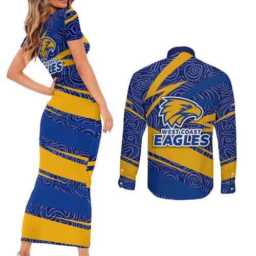 West Coast Eagles Australian Football Couples Matching Short Sleeve Bodycon Dress and Long Sleeve Button Shirt Fierce Eagle Mascot With Indigenous Pattern Art