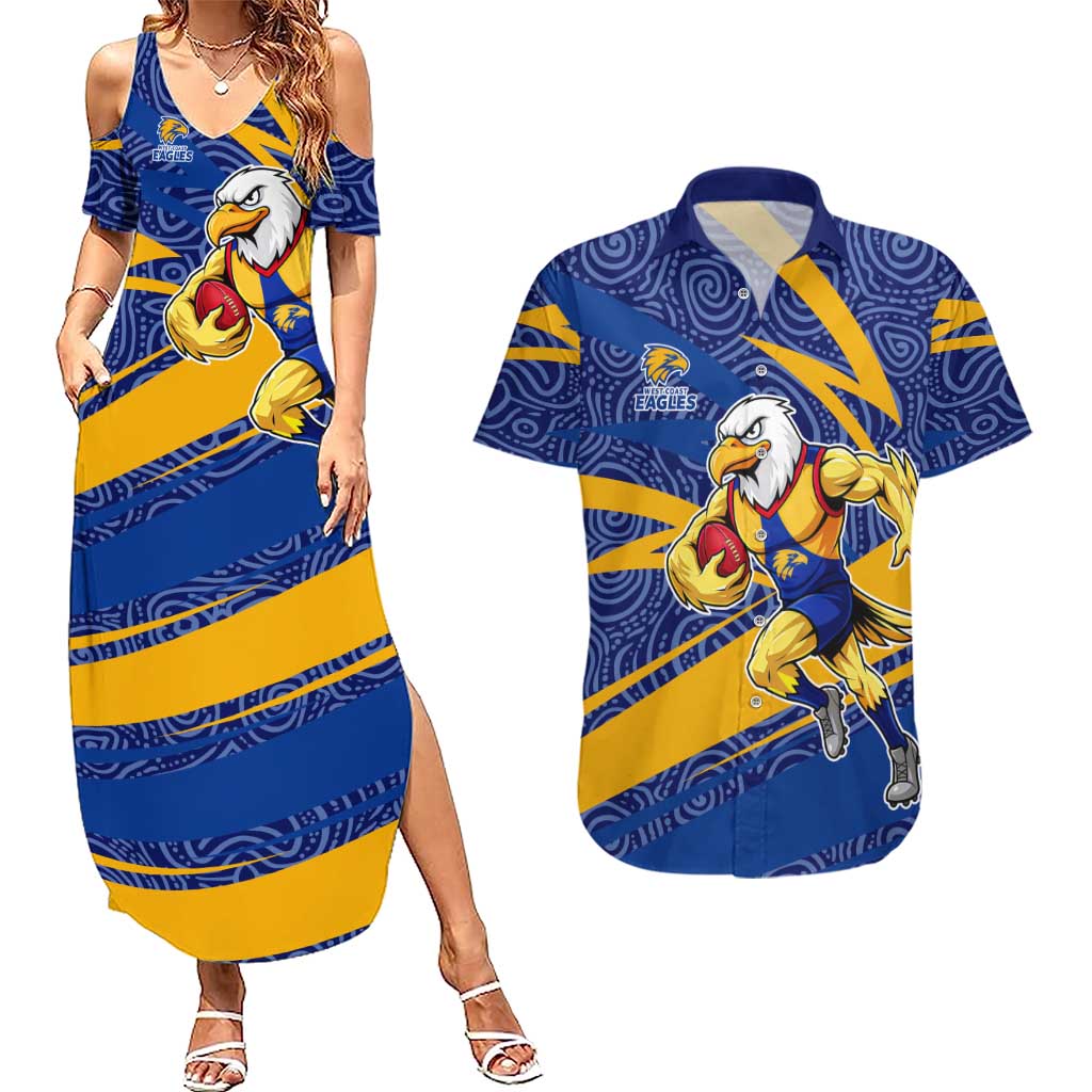 West Coast Eagles Australian Football Couples Matching Summer Maxi Dress and Hawaiian Shirt Fierce Eagle Mascot With Indigenous Pattern Art