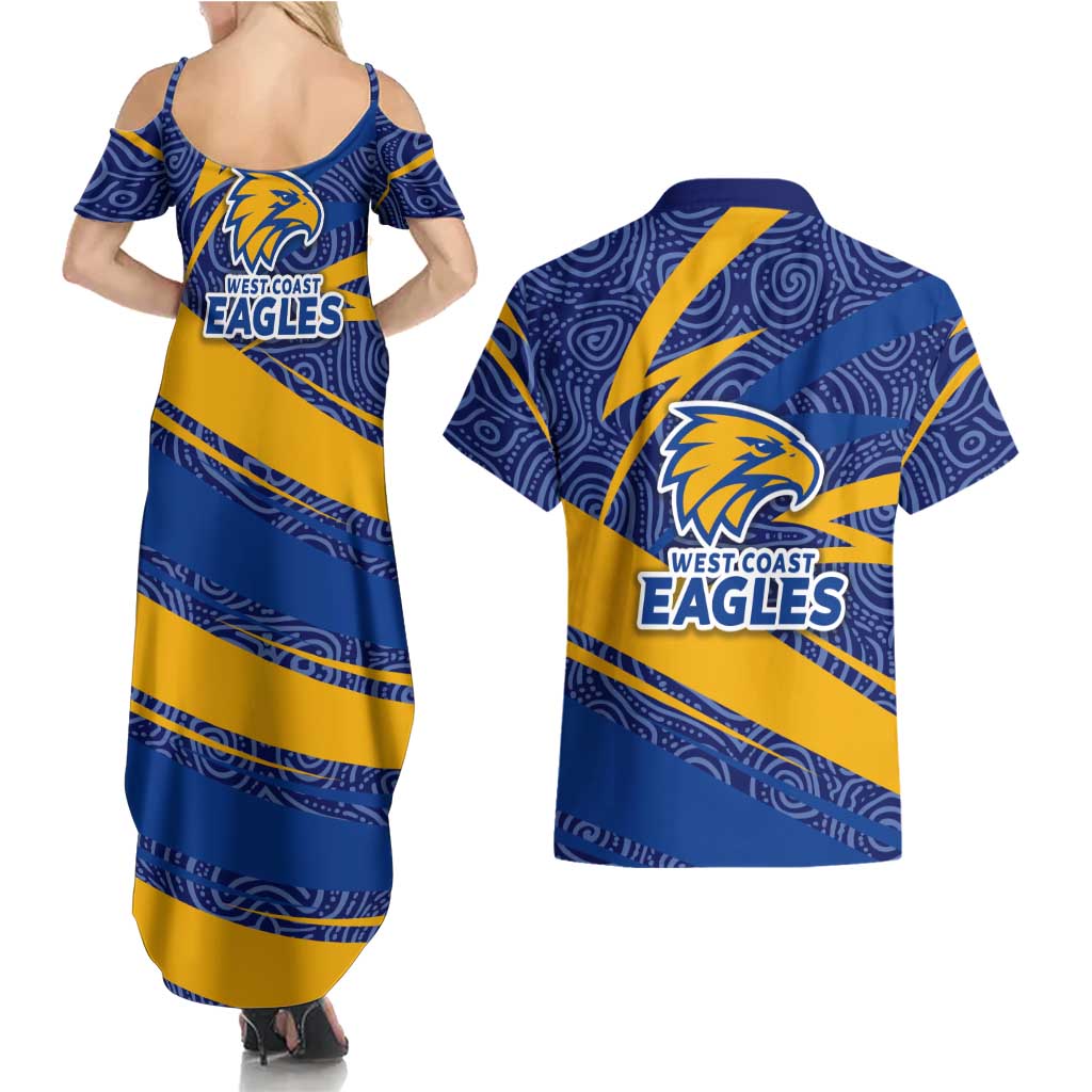 West Coast Eagles Australian Football Couples Matching Summer Maxi Dress and Hawaiian Shirt Fierce Eagle Mascot With Indigenous Pattern Art
