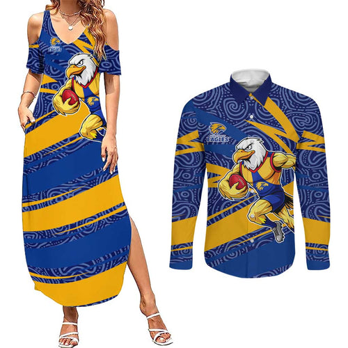 West Coast Eagles Australian Football Couples Matching Summer Maxi Dress and Long Sleeve Button Shirt Fierce Eagle Mascot With Indigenous Pattern Art