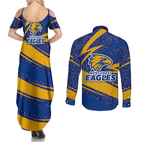 West Coast Eagles Australian Football Couples Matching Summer Maxi Dress and Long Sleeve Button Shirt Fierce Eagle Mascot With Indigenous Pattern Art