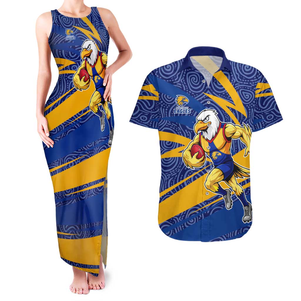 West Coast Eagles Australian Football Couples Matching Tank Maxi Dress and Hawaiian Shirt Fierce Eagle Mascot With Indigenous Pattern Art