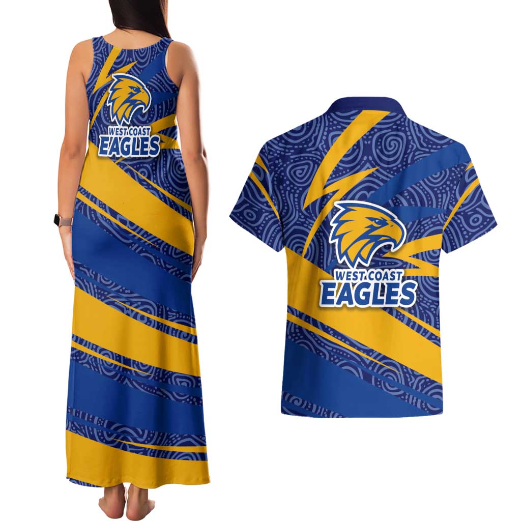 West Coast Eagles Australian Football Couples Matching Tank Maxi Dress and Hawaiian Shirt Fierce Eagle Mascot With Indigenous Pattern Art