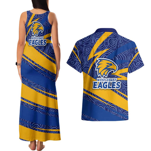 West Coast Eagles Australian Football Couples Matching Tank Maxi Dress and Hawaiian Shirt Fierce Eagle Mascot With Indigenous Pattern Art