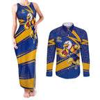West Coast Eagles Australian Football Couples Matching Tank Maxi Dress and Long Sleeve Button Shirt Fierce Eagle Mascot With Indigenous Pattern Art