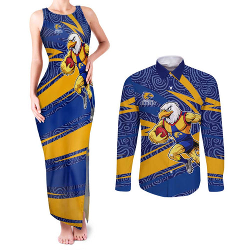 West Coast Eagles Australian Football Couples Matching Tank Maxi Dress and Long Sleeve Button Shirt Fierce Eagle Mascot With Indigenous Pattern Art