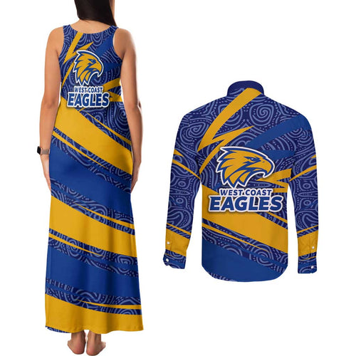 West Coast Eagles Australian Football Couples Matching Tank Maxi Dress and Long Sleeve Button Shirt Fierce Eagle Mascot With Indigenous Pattern Art
