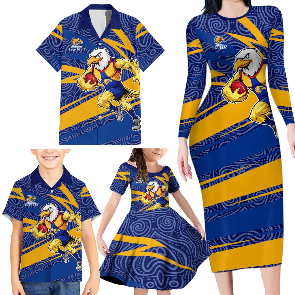 West Coast Eagles Australian Football Family Matching Long Sleeve Bodycon Dress and Hawaiian Shirt Fierce Eagle Mascot With Indigenous Pattern Art