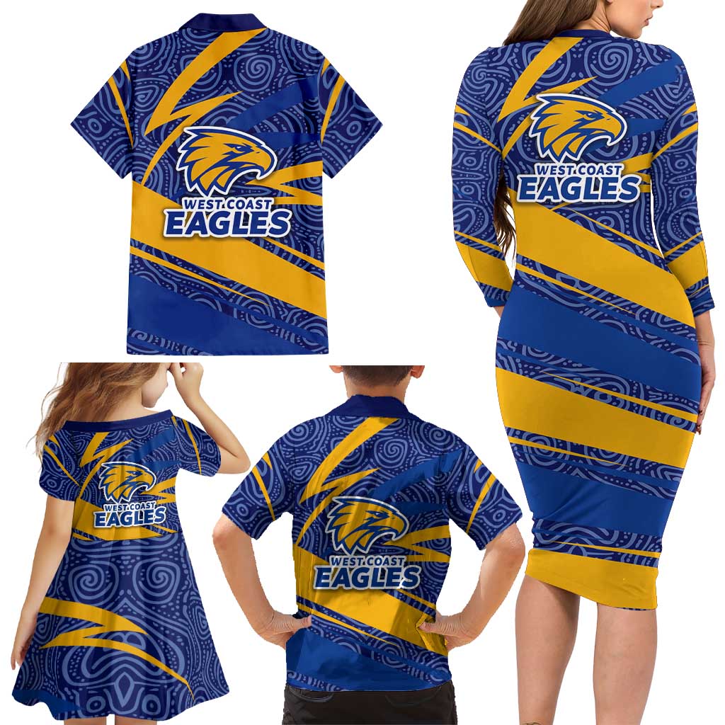 West Coast Eagles Australian Football Family Matching Long Sleeve Bodycon Dress and Hawaiian Shirt Fierce Eagle Mascot With Indigenous Pattern Art