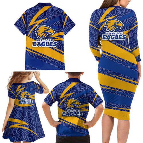 West Coast Eagles Australian Football Family Matching Long Sleeve Bodycon Dress and Hawaiian Shirt Fierce Eagle Mascot With Indigenous Pattern Art