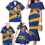 West Coast Eagles Australian Football Family Matching Mermaid Dress and Hawaiian Shirt Fierce Eagle Mascot With Indigenous Pattern Art
