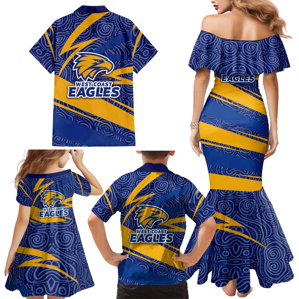 West Coast Eagles Australian Football Family Matching Mermaid Dress and Hawaiian Shirt Fierce Eagle Mascot With Indigenous Pattern Art