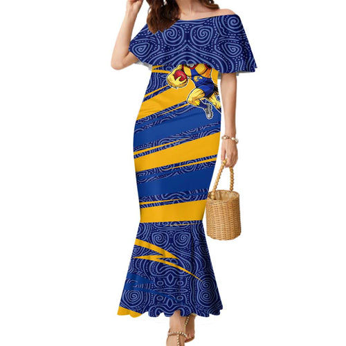 West Coast Eagles Australian Football Family Matching Mermaid Dress and Hawaiian Shirt Fierce Eagle Mascot With Indigenous Pattern Art