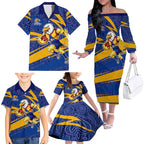 West Coast Eagles Australian Football Family Matching Off The Shoulder Long Sleeve Dress and Hawaiian Shirt Fierce Eagle Mascot With Indigenous Pattern Art