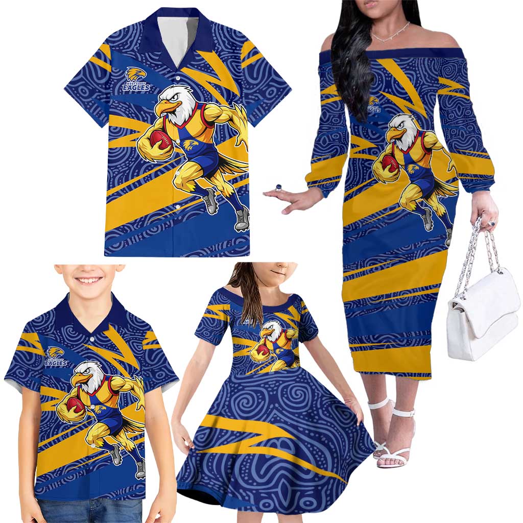 West Coast Eagles Australian Football Family Matching Off The Shoulder Long Sleeve Dress and Hawaiian Shirt Fierce Eagle Mascot With Indigenous Pattern Art