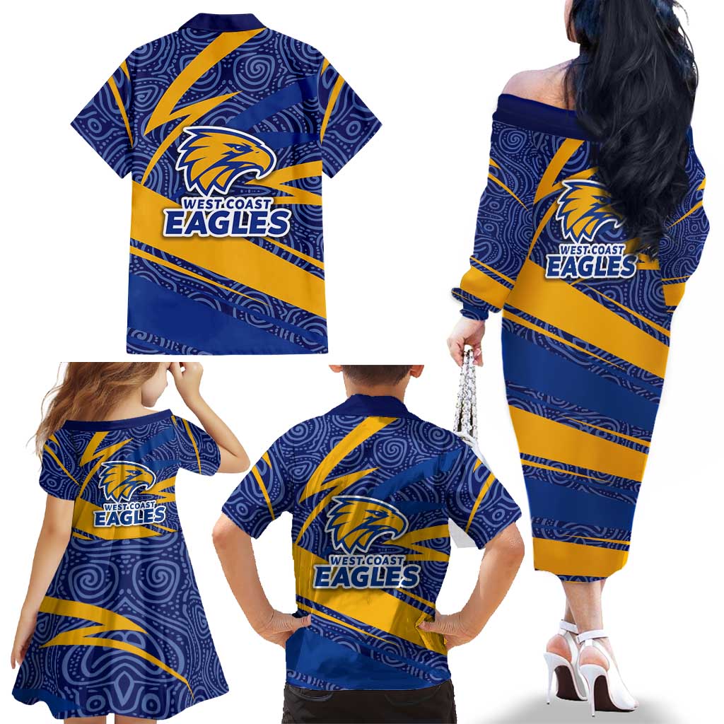 West Coast Eagles Australian Football Family Matching Off The Shoulder Long Sleeve Dress and Hawaiian Shirt Fierce Eagle Mascot With Indigenous Pattern Art