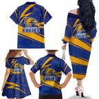 West Coast Eagles Australian Football Family Matching Off The Shoulder Long Sleeve Dress and Hawaiian Shirt Fierce Eagle Mascot With Indigenous Pattern Art