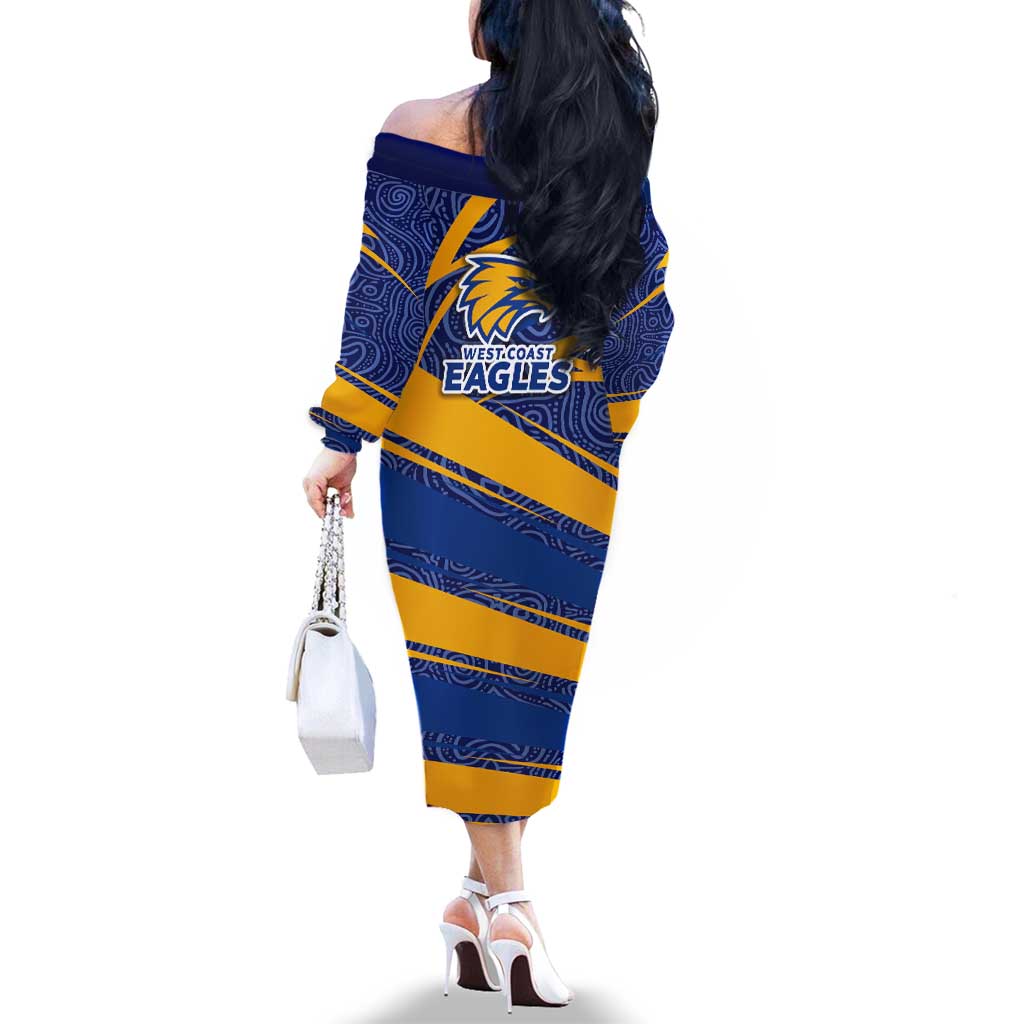 West Coast Eagles Australian Football Family Matching Off The Shoulder Long Sleeve Dress and Hawaiian Shirt Fierce Eagle Mascot With Indigenous Pattern Art