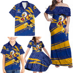 West Coast Eagles Australian Football Family Matching Off Shoulder Maxi Dress and Hawaiian Shirt Fierce Eagle Mascot With Indigenous Pattern Art