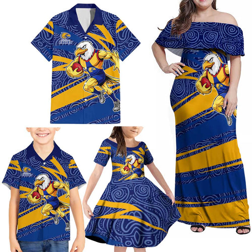 West Coast Eagles Australian Football Family Matching Off Shoulder Maxi Dress and Hawaiian Shirt Fierce Eagle Mascot With Indigenous Pattern Art