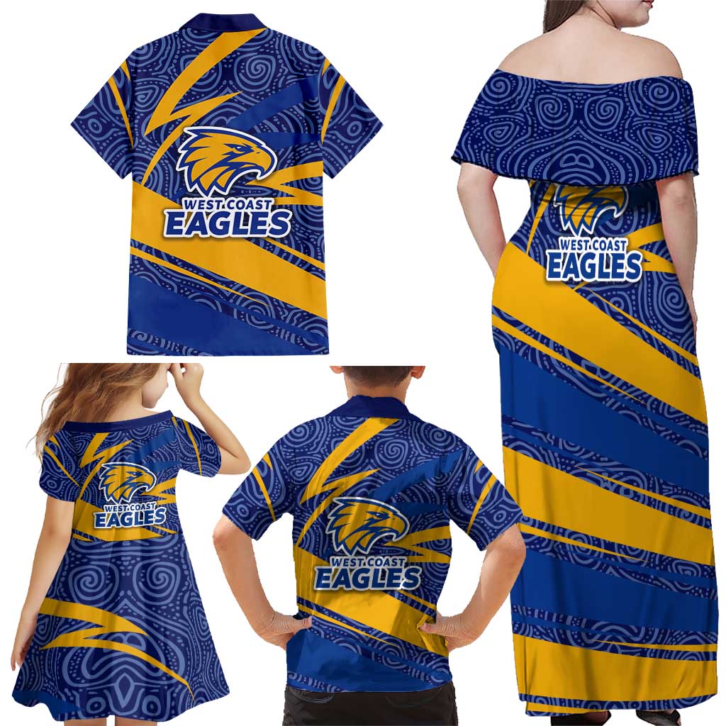West Coast Eagles Australian Football Family Matching Off Shoulder Maxi Dress and Hawaiian Shirt Fierce Eagle Mascot With Indigenous Pattern Art