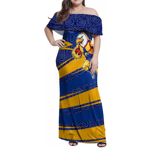 West Coast Eagles Australian Football Family Matching Off Shoulder Maxi Dress and Hawaiian Shirt Fierce Eagle Mascot With Indigenous Pattern Art