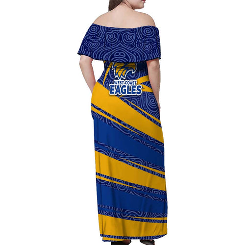West Coast Eagles Australian Football Family Matching Off Shoulder Maxi Dress and Hawaiian Shirt Fierce Eagle Mascot With Indigenous Pattern Art