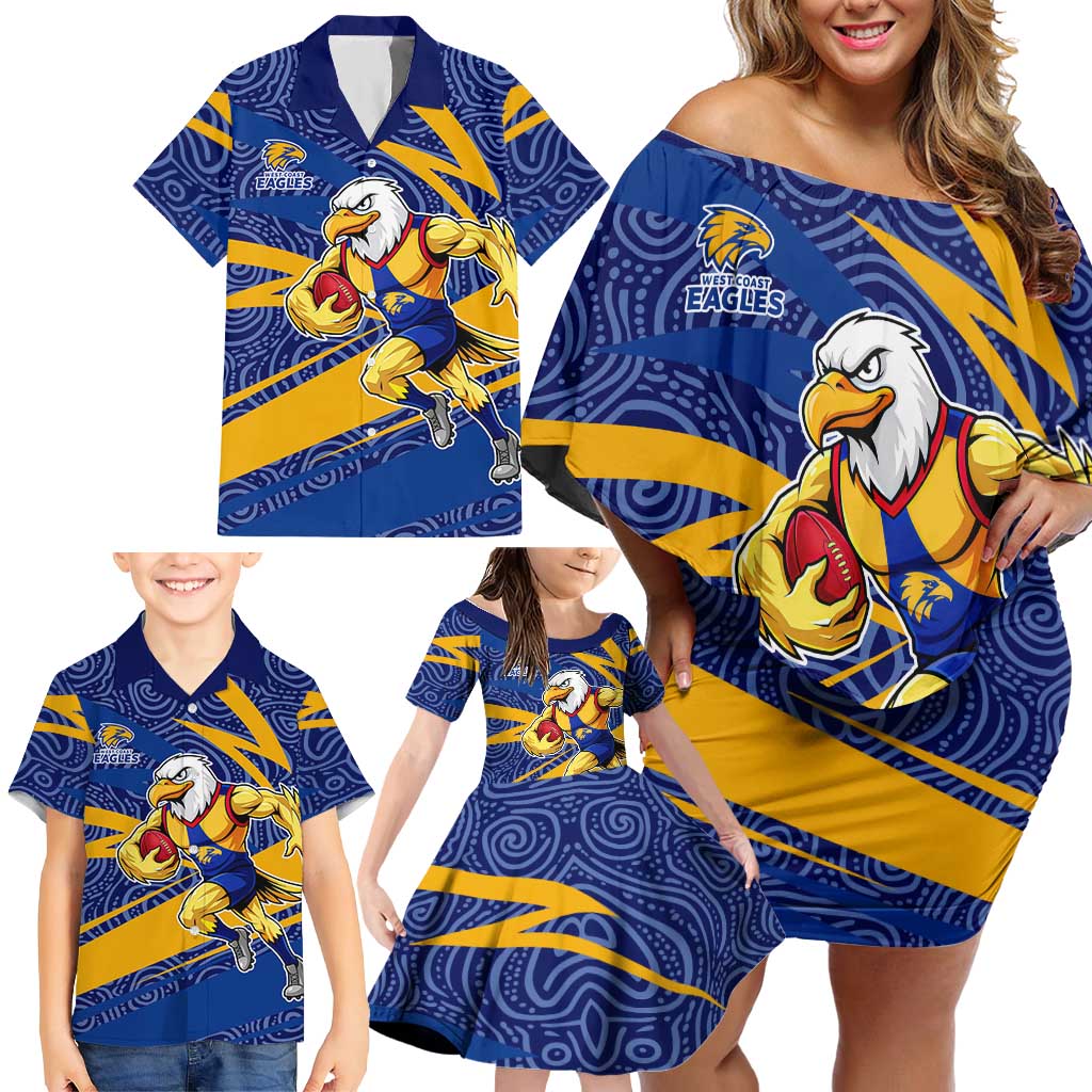 West Coast Eagles Australian Football Family Matching Off Shoulder Short Dress and Hawaiian Shirt Fierce Eagle Mascot With Indigenous Pattern Art