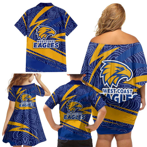 West Coast Eagles Australian Football Family Matching Off Shoulder Short Dress and Hawaiian Shirt Fierce Eagle Mascot With Indigenous Pattern Art