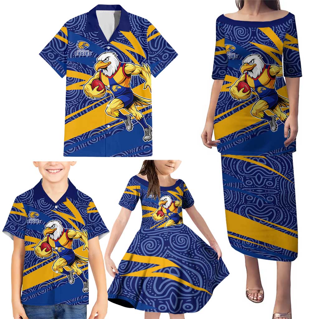 West Coast Eagles Australian Football Family Matching Puletasi and Hawaiian Shirt Fierce Eagle Mascot With Indigenous Pattern Art