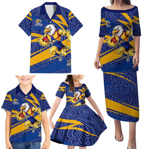 West Coast Eagles Australian Football Family Matching Puletasi and Hawaiian Shirt Fierce Eagle Mascot With Indigenous Pattern Art