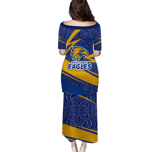 West Coast Eagles Australian Football Family Matching Puletasi and Hawaiian Shirt Fierce Eagle Mascot With Indigenous Pattern Art