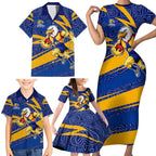 West Coast Eagles Australian Football Family Matching Short Sleeve Bodycon Dress and Hawaiian Shirt Fierce Eagle Mascot With Indigenous Pattern Art