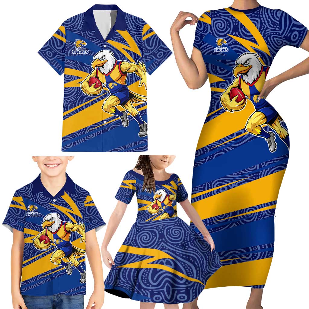 West Coast Eagles Australian Football Family Matching Short Sleeve Bodycon Dress and Hawaiian Shirt Fierce Eagle Mascot With Indigenous Pattern Art