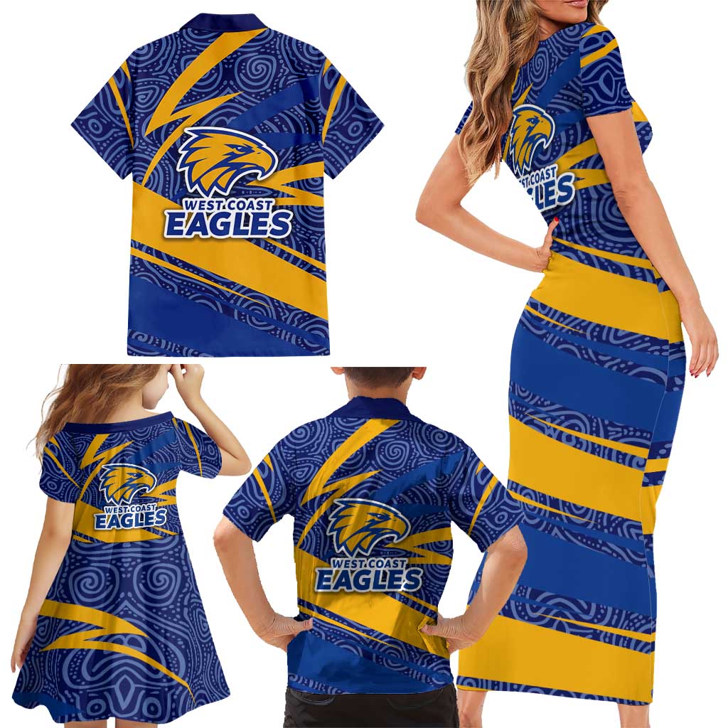 West Coast Eagles Australian Football Family Matching Short Sleeve Bodycon Dress and Hawaiian Shirt Fierce Eagle Mascot With Indigenous Pattern Art