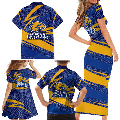 West Coast Eagles Australian Football Family Matching Short Sleeve Bodycon Dress and Hawaiian Shirt Fierce Eagle Mascot With Indigenous Pattern Art