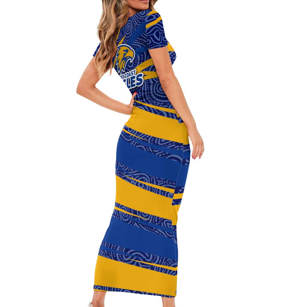 West Coast Eagles Australian Football Family Matching Short Sleeve Bodycon Dress and Hawaiian Shirt Fierce Eagle Mascot With Indigenous Pattern Art