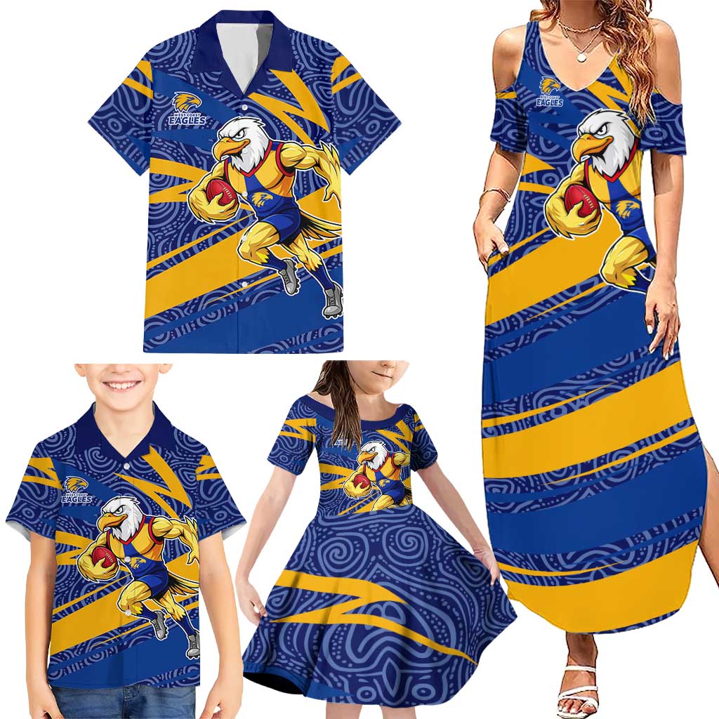 West Coast Eagles Australian Football Family Matching Summer Maxi Dress and Hawaiian Shirt Fierce Eagle Mascot With Indigenous Pattern Art