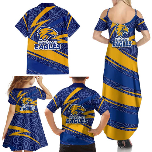 West Coast Eagles Australian Football Family Matching Summer Maxi Dress and Hawaiian Shirt Fierce Eagle Mascot With Indigenous Pattern Art