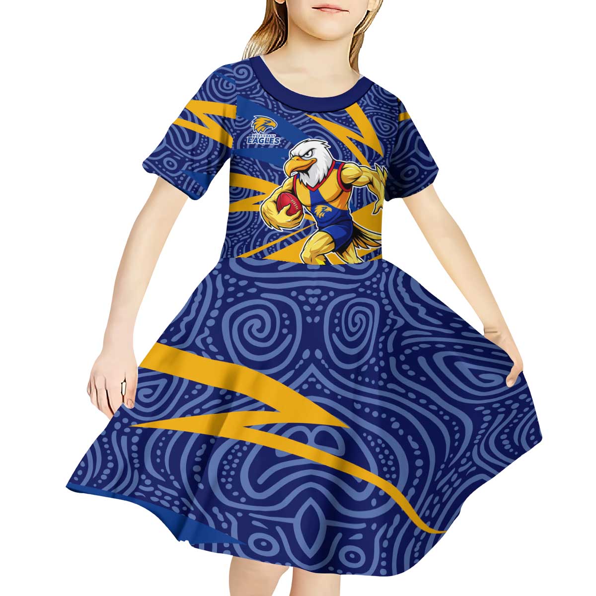 West Coast Eagles Australian Football Kid Short Sleeve Dress Fierce Eagle Mascot With Indigenous Pattern Art