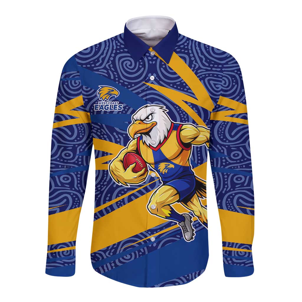 West Coast Eagles Australian Football Long Sleeve Button Shirt Fierce Eagle Mascot With Indigenous Pattern Art