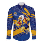West Coast Eagles Australian Football Long Sleeve Button Shirt Fierce Eagle Mascot With Indigenous Pattern Art