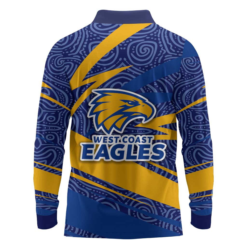 West Coast Eagles Australian Football Long Sleeve Polo Shirt Fierce Eagle Mascot With Indigenous Pattern Art