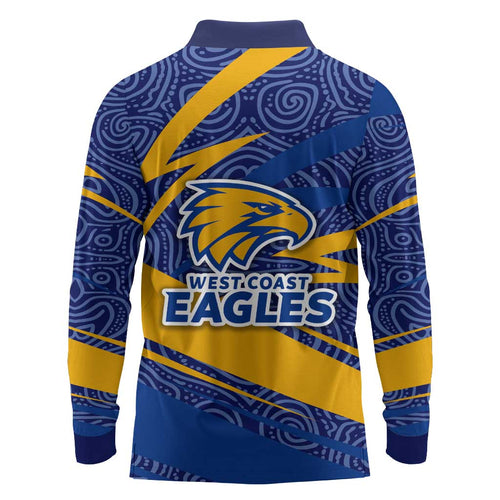 West Coast Eagles Australian Football Long Sleeve Polo Shirt Fierce Eagle Mascot With Indigenous Pattern Art