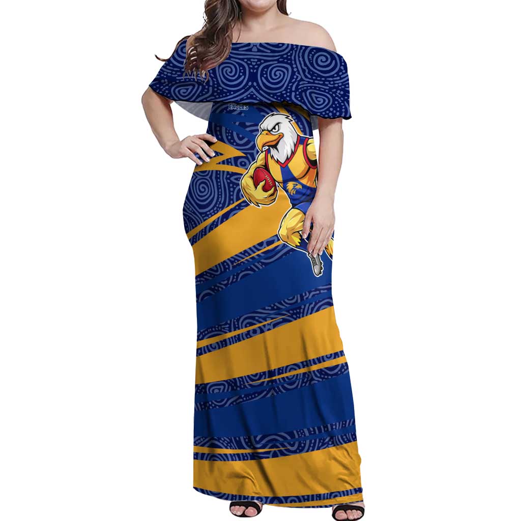 West Coast Eagles Australian Football Off Shoulder Maxi Dress Fierce Eagle Mascot With Indigenous Pattern Art