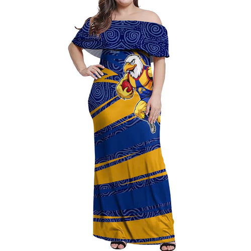 West Coast Eagles Australian Football Off Shoulder Maxi Dress Fierce Eagle Mascot With Indigenous Pattern Art